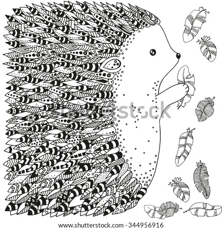 Style Bird Vector Artistically Ornamental Prickly Hedgehog And Feathers Hand Drawn Ethnic Floral Retro