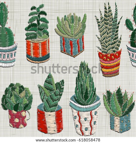 Seamless Pattern With Embroidery Succulents Cactus And Pots Wall Art Home Decor Seamless Pattern With Embroidery Succulents Cactus And Pots Wall Art Home Decor