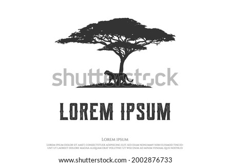 African Acacia Tree with Tiger Jaguar Leopard Cheetah Puma Panther Silhouette for Safari Adventure Logo Design Vector