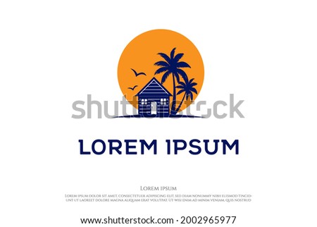 Sunset Palm House Cabin Cottage Resort Hotel Inn Real Estate Summer Travel Logo Design Vector
