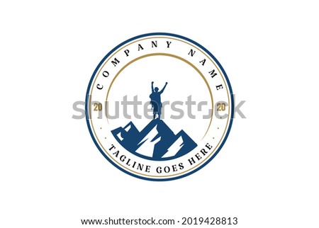 Male Man on Mountain Top Peak for Winner Adventure Champion Logo Design Vector