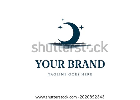 Crescent Moon and Star with Beach River Lake Creek Logo Design Vector