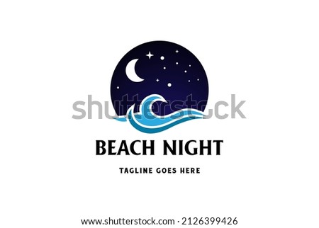 Modern Night Moon Star Ocean Beach Sea with Wave for Travel Adventure Logo Design Vector