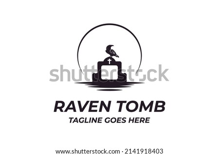 Horror Scary Sunset or Dark Moon Crow Raven Bird with Tomb Cemetery Grave Charnel Ossuary for Halloween Logo Design Vector