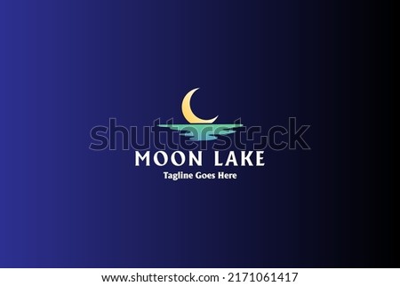 Simple Minimalist Night Crescent Moon Water Lake Creek River Beach Sea Ocean Logo Design Vector