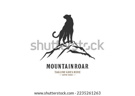 Mountain Rock with Jaguar Tiger Leopard Cheetah Puma Silhouette Logo Design