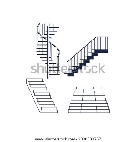 Isolated Set of Spiral Stairway, Carpet Marble Stair and Wooden Stone or Metal Staircase. Vector Illustration