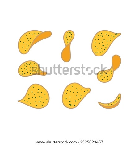 Set Collection of Flying Crispy Potato Chips Icon. Illustration Vector