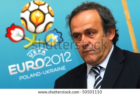 LVIV, UKRAINE - APRIL 7: UEFA President Michel Platini speaks during a news conference on April 7, 2010 in Lviv, Ukraine. Platini has arrived in Lviv to inspect the building stadiums for the EURO-2012