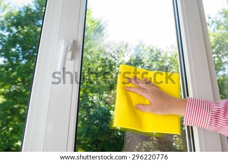 cleaning plastic vinyl window on a green leaves background
