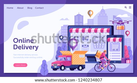 Online delivery service landing page with drone, courier on bike and delivery van with box. Internet shipping web banner with modern city. Transportation and logistic digital shopping ad concept.