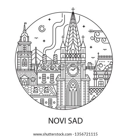 Novi Sad city icon with famous landmarks Mary church, City Hall and Old Town buildings. Serbian province Vojvodina main city vector illustration in line art. Europe capital of culture 2021 emblem.
