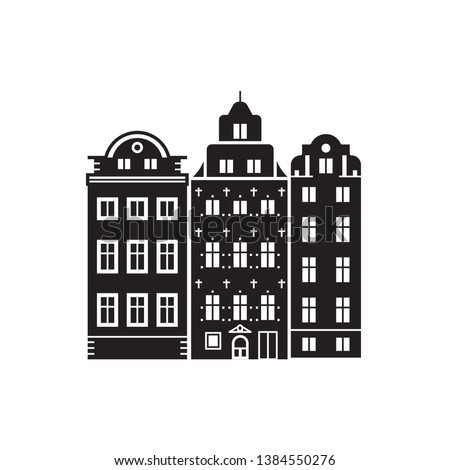 Travel Stockholm icon. Scandinavian houses is famous architectural landmark and tourist attraction in capital of Sweden. Europe Old town homes logo.