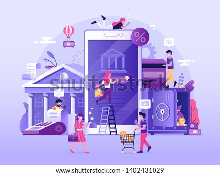 Mobile banking and finance management UI illustration. Office people characters using smartphone for internet mobile payments, transfers and deposits. Digital bank service fintech concept in flat.