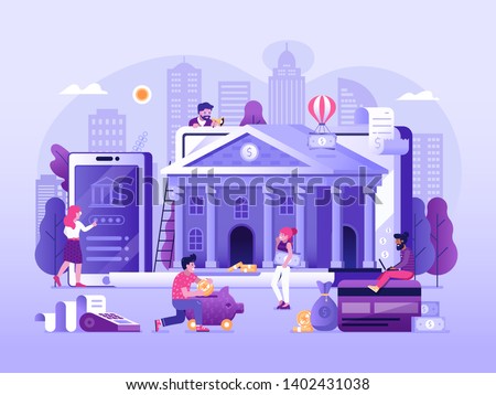 Online banking UI illustration with office people characters doing internet payments, transfers and deposits. Digital bank service fintech concept in flat design. Save money technology processing.