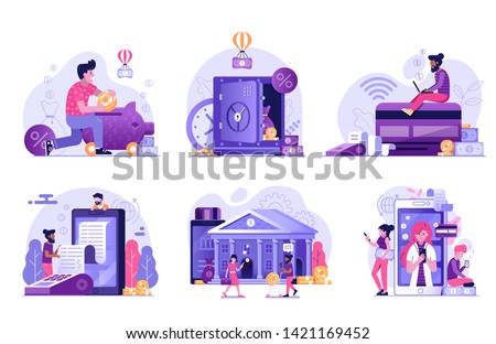 Online banking UI flat illustrations with money cashback, digital bank transaction, mobile payments, credit card and internet shopping concepts for finance management services and applications.