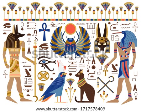 Egypt mythology set with egyptian gods, symbols and hieroglyphs. Including Bast, Horus, Anubis, Thoth, sacred winged scarab, crook and flail, eye of Horus, ankh cross and lotus ornament.