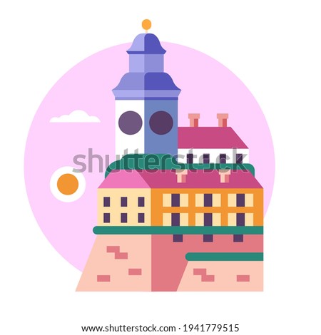 Clock tower in Old town icon inspired by Petrovaradin fortress landmark in Novi Sad.
