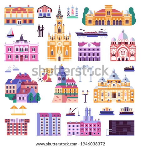 Novi Sad landmarks icons with popular places, buildings and monuments. Including synagogue, Bishop palace and Mary Church. Abstract old Europe town constructor or city travel map creator kit in flat.