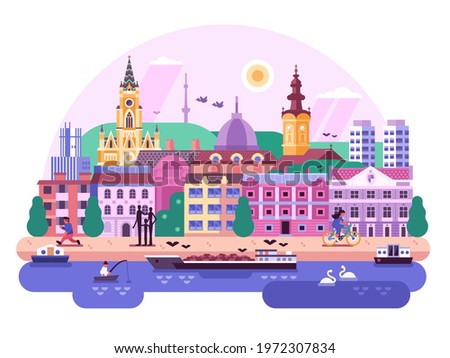 Novi Sad cityscape with landmarks such as Clock Tower, Danube embankment, Mary church and Old Town buildings. Old Europe town landscape in colorful flat design inspired by Balkan city Novi Sad.