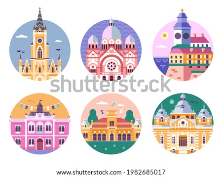 Novi Sad architectural landmarks circle icons with popular buildings. Including synagogue, Bishop palace, Mary Church and Petrovaradin fortress. Abstract old Europe town tourist places icon set.
