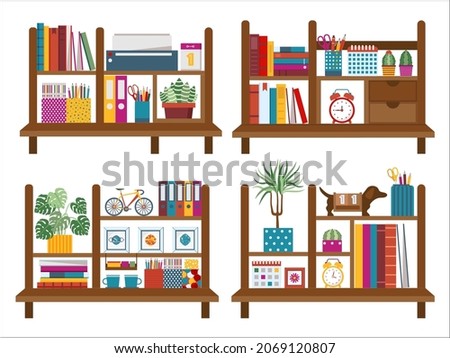 Home office or study room bookshelves with books, decorations, supplies and houseplants. Desk office shelf interior set of wooden desktop organizers with stationary, decor and plants in flowerpots.