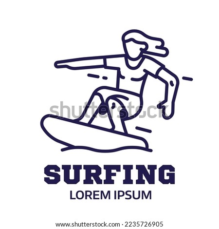 Surfer icon in line art design. Surfing school logo or emblem with surf rider man on surfboard.