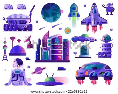 Space adventure design elements including moon walker, shuttle, astronaut, futuristic city, flying car and planet surface. Universe exploring mission and discovering galaxy gradient clipart collection