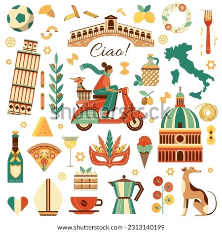Italy travel cliparts set with woman riding scooter and Italian greyhound in basket. Italian vintage design elements collection of iconic landmarks, traditional food and popular cultural symbols.