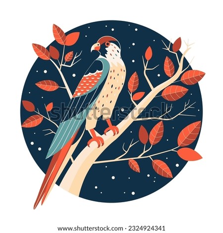 Falcon sitting on tree against night sky. Colorful bird of prey sits on branch with leaves. Circle shape icon with kestrel raptor bird in nature.