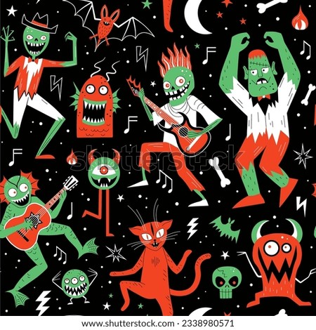 Rocking monster mash festive seamless pattern. Spooky monsters dancing and playing guitar. Repeating design with zombie, cute cat, ghost, bat and weird characters having fun on holiday horror party.