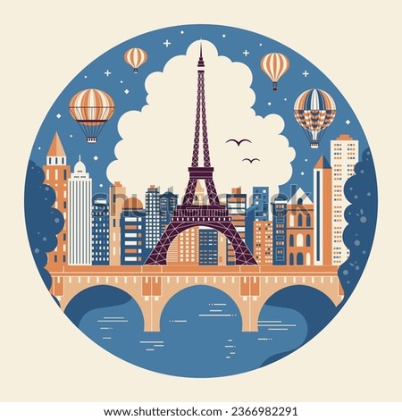Vintage hot air balloons flying over Paris and Eiffel tower. Retro aerostats fly above French city with modern skyscrapers and bridge on river Seine. Circle shape Paris travel illustration.
