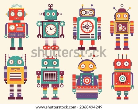 Retro robots colorful set. Classic vintage mechanical toys in flat design.Tin toy robot team collection. Space cyborgs and old wind up models geometric icons.