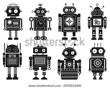Retro robots monochrome set. Classic vintage mechanical toys in outline design.Tin toy robot team collection. Space cyborgs and old wind up models vector icons.