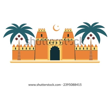 Al Jahili Fort in United Arab Emirates icon in flat design. Ancient desert fortification and famous landmark of Abu Dhabi scene with palm trees and islamic star and crescent symbol.