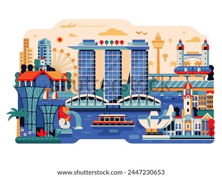 Singapore cityscape with famous landmarks and tourist symbols. Asian modern city flat scene. Travel Asia illustration in flat design.