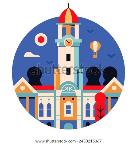 Clock tower icon inspired by Singapore Victoria theater and Concert Hall. Abstract museum or Art Gallery landmark circle logo. University or other government building emblem in line art style.