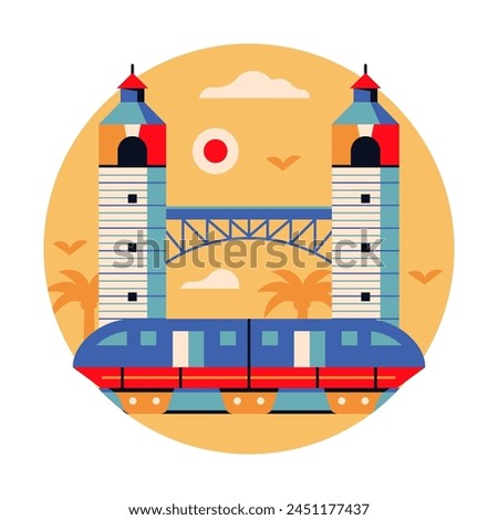 Singapore park island inspired circle icon or emblem with monorail in flat style. Asian modern architectural landmark and famous symbol with metro line train.