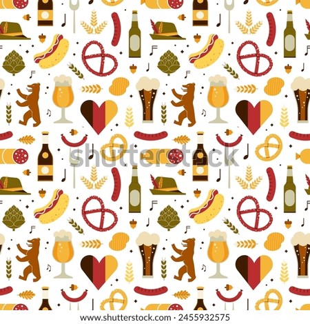 Travel Germany October fest pattern with traditional food and drink in line art design. German and Bavarian cultural elements seamless background for paper and textile design.