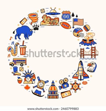 Travel USA border frame with American cultural symbols and landmarks icons stylized in circle. America traveling card template with United States design elements and copy space place for text.