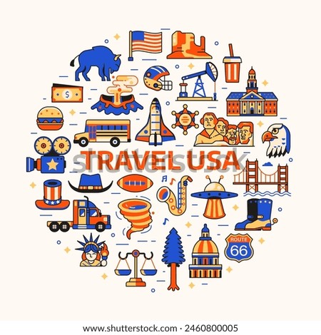 Travel USA print with American cultural symbols and landmarks icons stylized in circle. America traveling card with United States design elements such as tourist attractions, food and natural wonders.