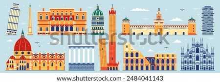 Italy architectural landmarks web banner with travel monuments and popular buildings. Italian iconic landmarks and famous cultural symbols of Rome, Milan, Pisa, Bologna and other cities.