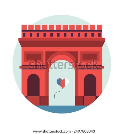 Famous Paris monument circle icon inspired by Arc de Triomphe building also known as Triumphal arch. Famous architectural tourist landmark in capital of France in flat design.