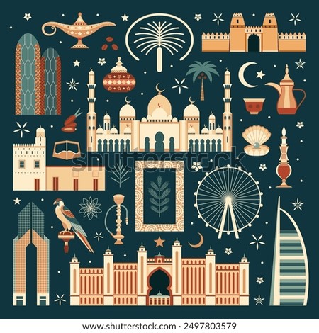 Travel Emirates design elements collection with Dubai and Abu Dhabi famous symbols and buildings. Arabic night card print with UAE tourist landmarks, animals, arabic food and architectural monuments.