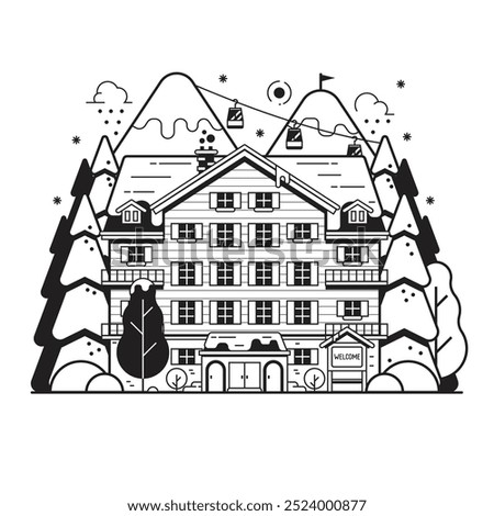 Ski resort landscape in line art design. Minimalist winter mountain hotel scene. Snowy peaks, inn building and funiculars on Alps forest. Winter holidays in the mountains illustration.