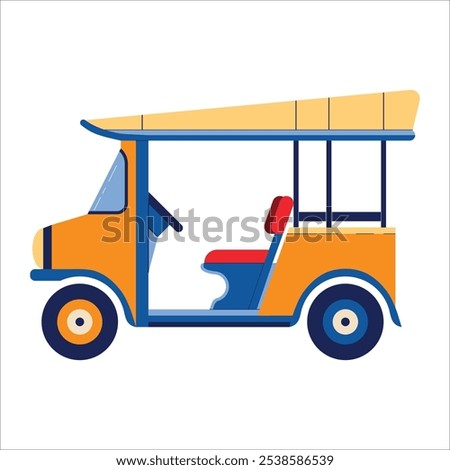 Thailand tuk tuk taxi colorful illustration isolated on white background. Thai local transportation rickshaw vehicle without driver icon.