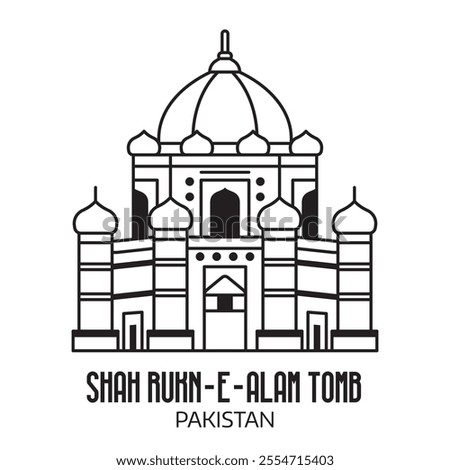 Pakistan landmark icon inspired by Shah Rukn-e-Alam tomb in Punjab. Asian mausoleum building in line art.