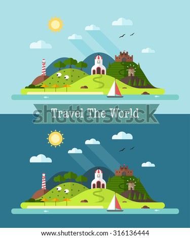 Idyllic landscape of the Greek island with green hills, sandy beach, church, mill, fortress, lighthouse and sail ship. Set of vacation travel paradise summertime concept card in flat style.