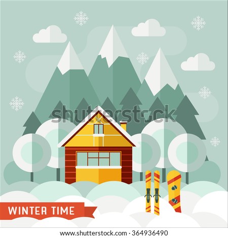 Winter chalet under falling snow. Winter vacation flat landscape. Family weekend in wooden house on the forest mountain area. Winter sports snowboarding and ski resort concept.