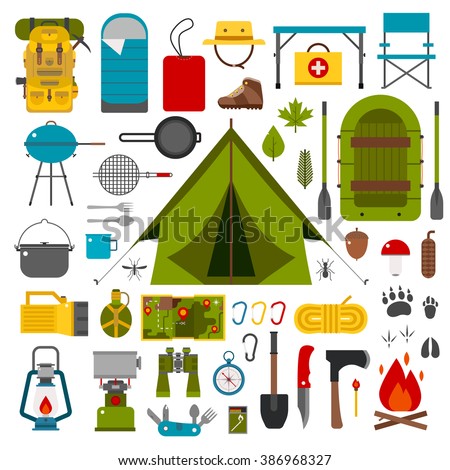 Hiking icons set. Camping equipment vector collection. Binoculars, bowl, barbecue, boat, lantern, shoes, hat, tent, campfire. Base camp gear and accessories. Camping icon set. Hike outdoor elements. 